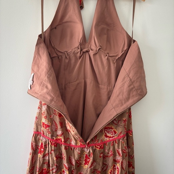 Philip Decaprio Designer Floral Maxi Halter Cotton Dress in Red and Tan Size 10 - Picture 6 of 11